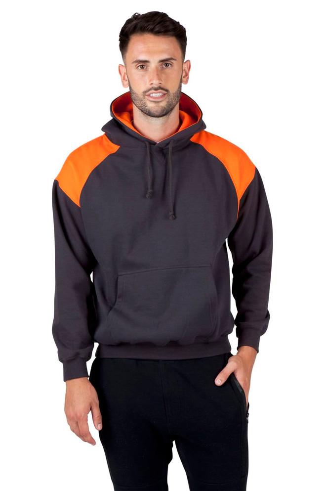 A blue and white men's hoodie with contrast panels, featuring a drawstring hood and modelled by a young man.