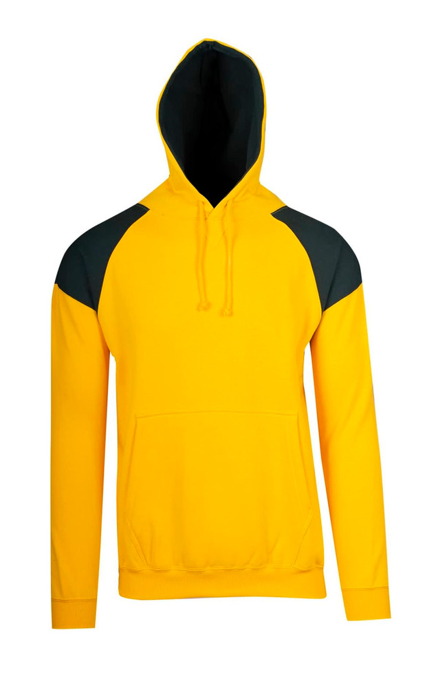 A yellow hoodie with black contrast panels on the shoulders and a kangaroo pocket. The hoodie features a hood and drawstrings.