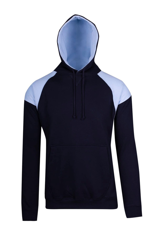 A men's hoodie featuring a contrast panel design in navy and light blue. It has a front pocket and a hood.