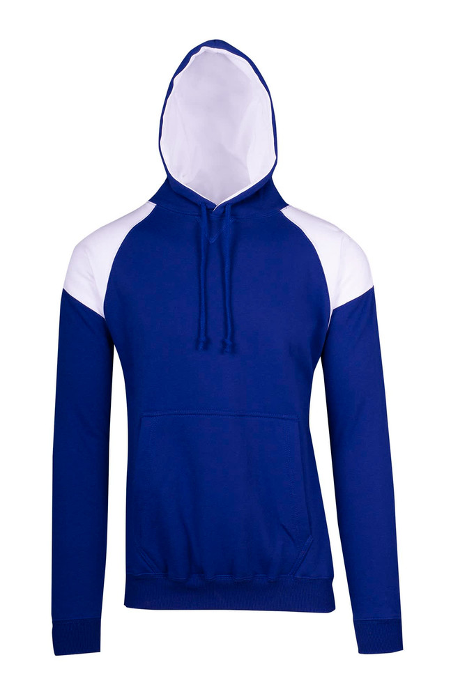 A blue hoodie with white contrast panels and a kangaroo pocket. It features a hood and has a logo.