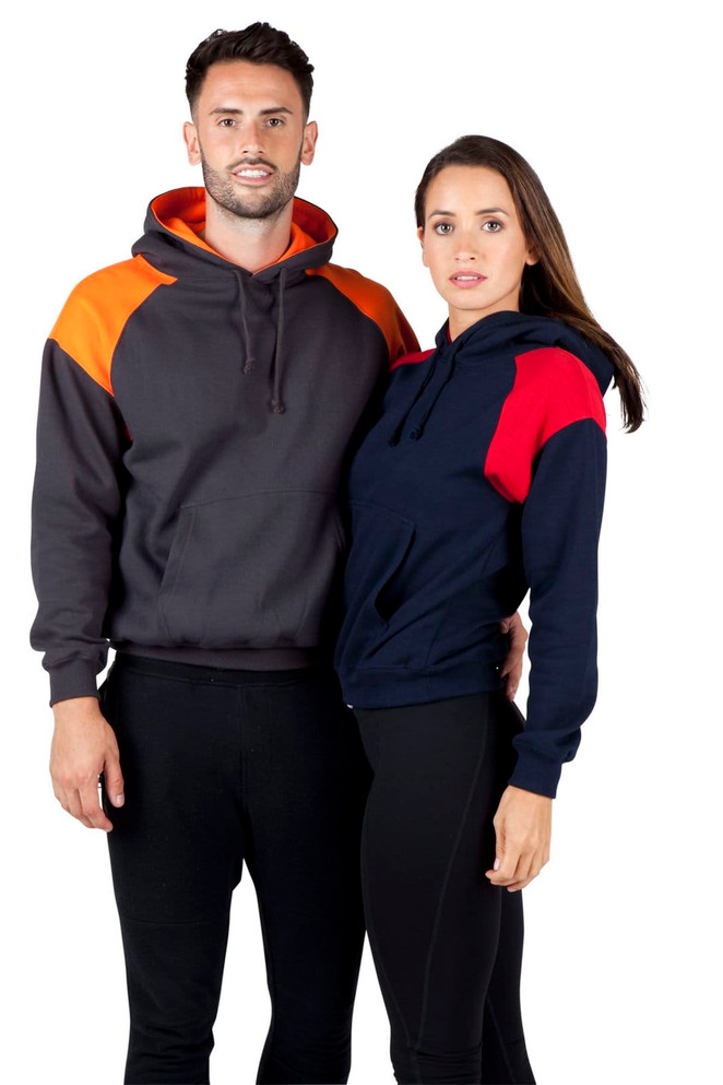 A grey hoodie with orange contrast panel and a navy hoodie with red contrast panel, both featuring a logo.