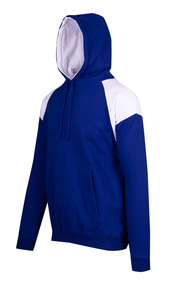 A blue and white men's hoodie featuring contrast panel design and a front pocket. Includes a hood and branding logo.