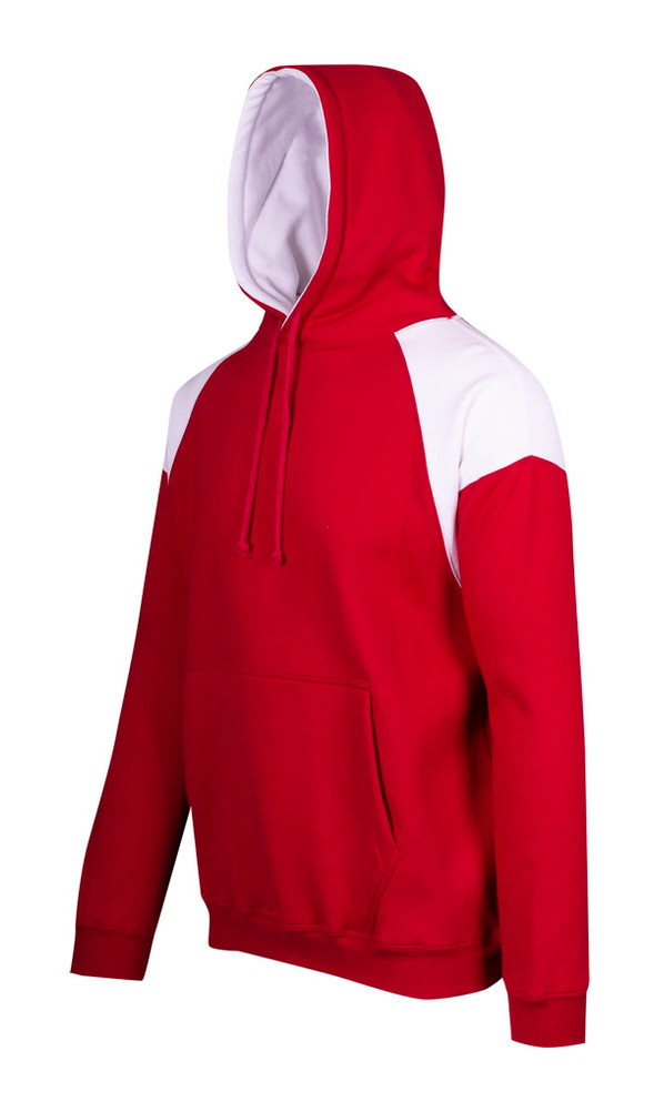 A red hoodie featuring white contrast panels on the shoulders, complete with a front pocket and a hood.