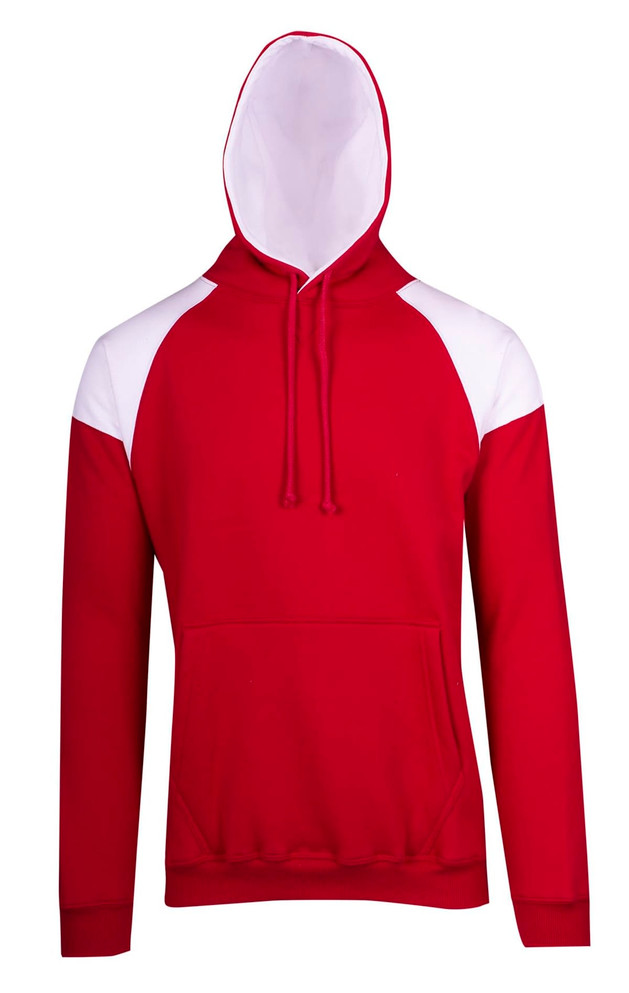 A red hoodie with white contrast panels, featuring a hood and front pocket, has a logo on it.