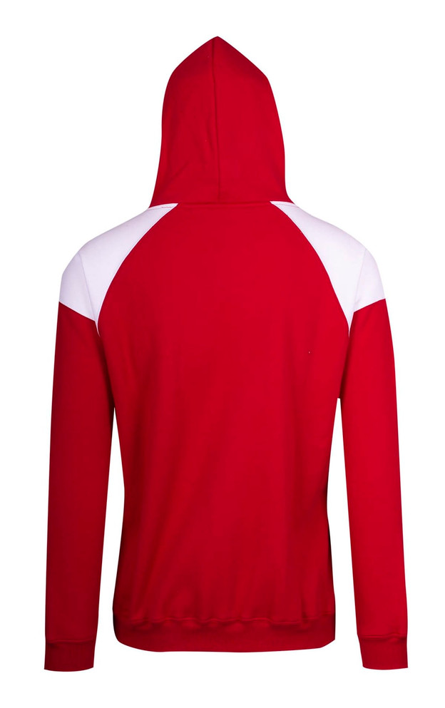 A red hoodie with white contrast panels, featuring a hood and a logo on the rear.