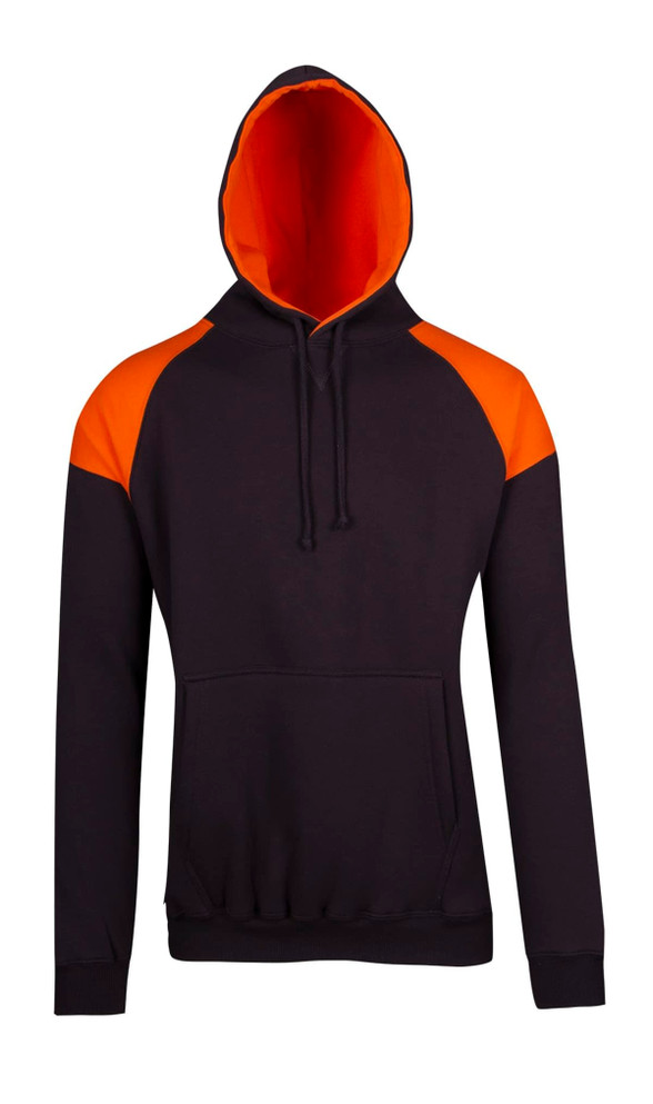 A black hoodie with orange contrast panels on the shoulders and a lined hood, featuring a front pocket and drawstrings.