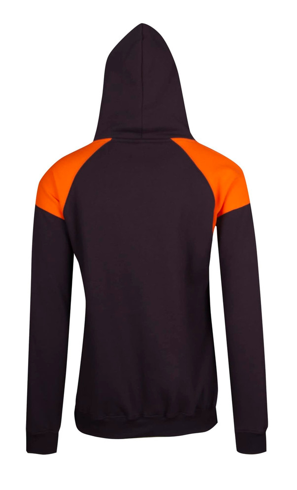 A black hoodie featuring orange contrast panels on the shoulders and a hood. It has a simple design with no visible logos.