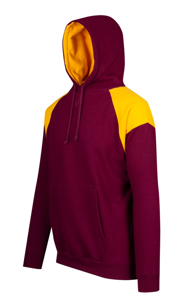 A maroon hoodie featuring contrast yellow shoulder panels and a front pocket, complete with a hood.