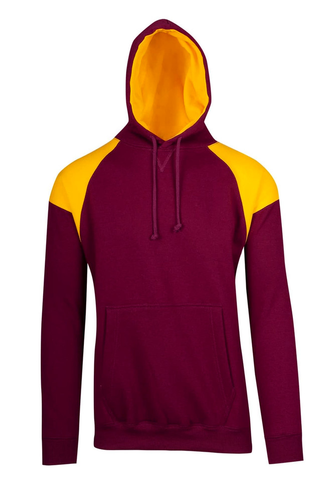 A maroon hoodie with yellow contrast panels, featuring a hood and a front pocket. It has a logo on it.