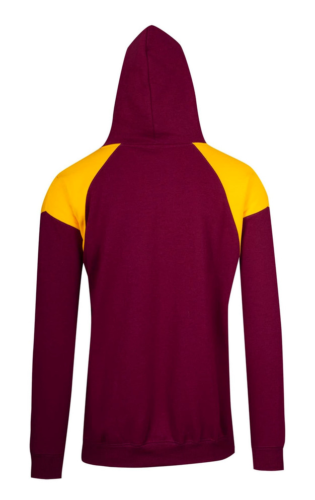 A maroon hoodie with yellow contrast panels on the shoulders, featuring a hood and a logo.