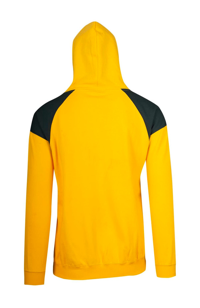 A yellow hoodie with a black contrast panel on the shoulders and a hood. Includes a logo on the garment.