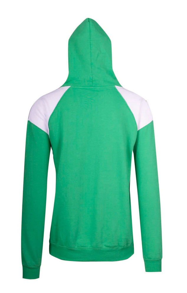 A green hoodie featuring white contrast panels on the shoulders. It has a hood and a fitted design.