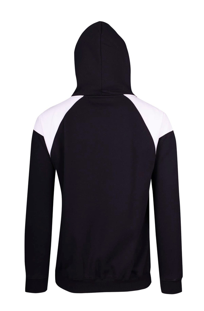 A black hoodie with contrast white panels on the shoulders and a hood. Features ribbed cuffs and hem.