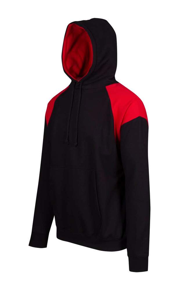A black hoodie with red contrast panels on the shoulders, featuring a front pocket and a hood. Logos are present.