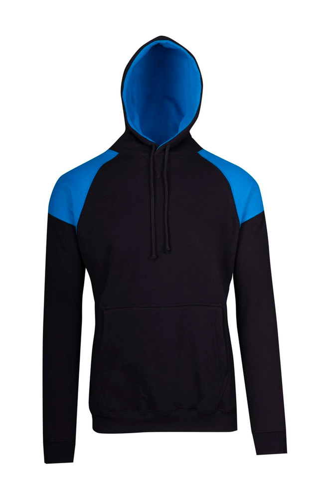 A black hoodie with blue contrast panels and a blue hood, featuring a front pocket and a hood with drawstrings.