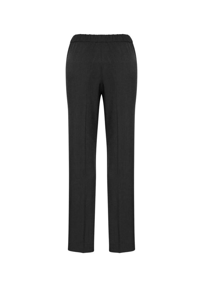 A pair of women's black stretch pants with an elasticised waist and a straight-leg design.
