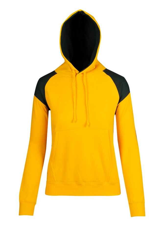 A yellow hoodie with black contrast panels and a drawstring hood. It features a front pocket and has a logo.