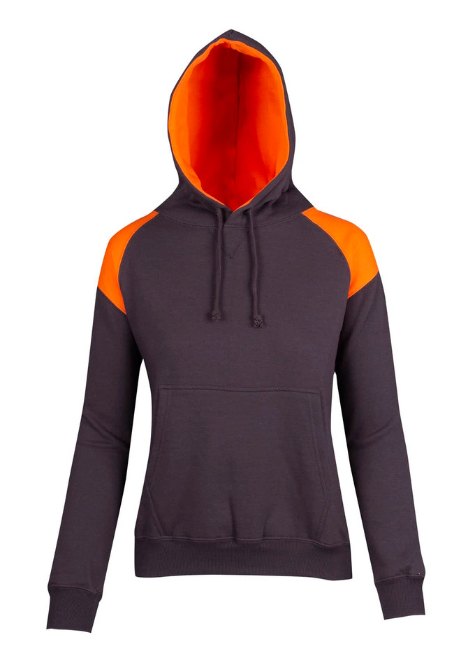 A women's juniors hoodie in dark grey with vibrant orange contrast panels and a front pocket.