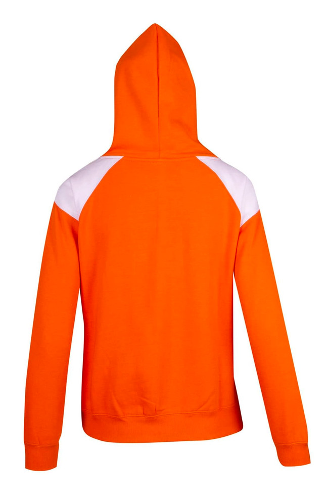 An orange hoodie featuring white contrast panels on the shoulders and a hood.