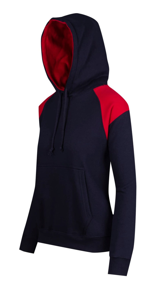 A navy hoodie with red shoulder contrast panels, featuring a kangaroo pocket and a drawstring hood.