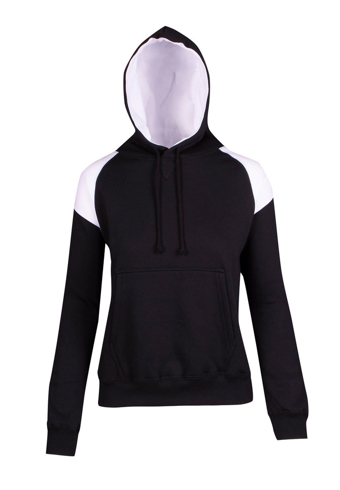 A women's juniors hooded jumper featuring black and white contrast panels, with a front pocket and drawstring.