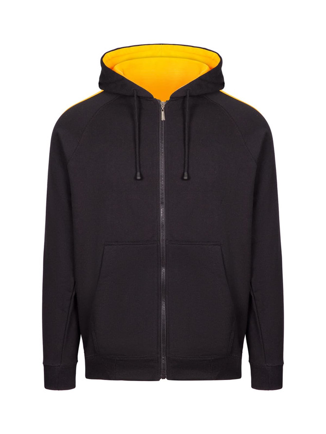 A black zip-up hoodie with a yellow interior and striped sleeves. Features a logo on the chest and two front pockets.