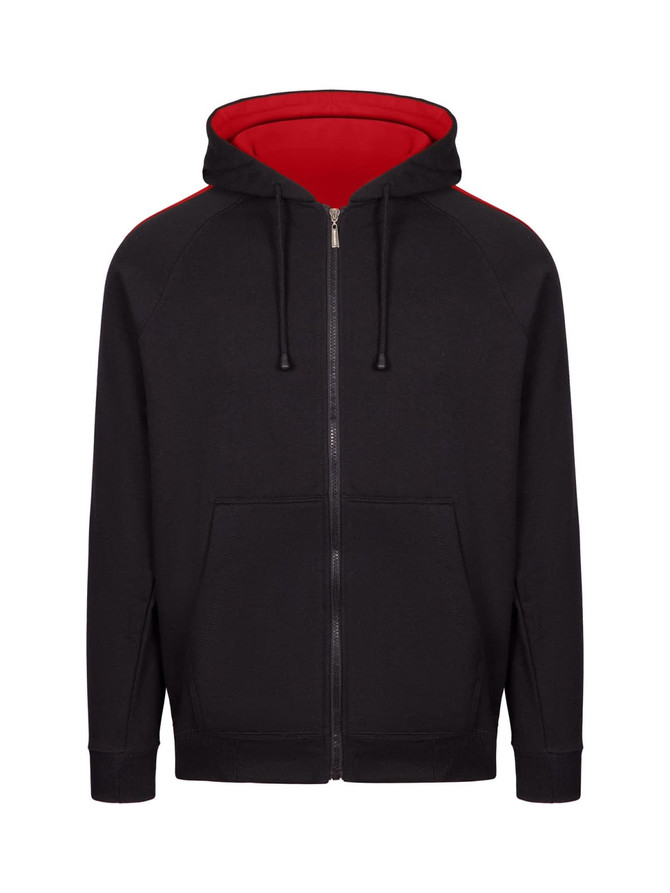 A black zip-up hoodie with red stripe sleeves and a red interior. Features a hood and front pockets.