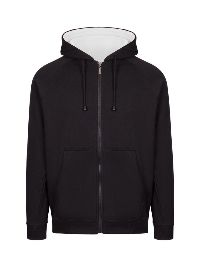 A black unbrushed stripe sleeve hoodie with a zip front, featuring a hood and front pockets. It has a logo.