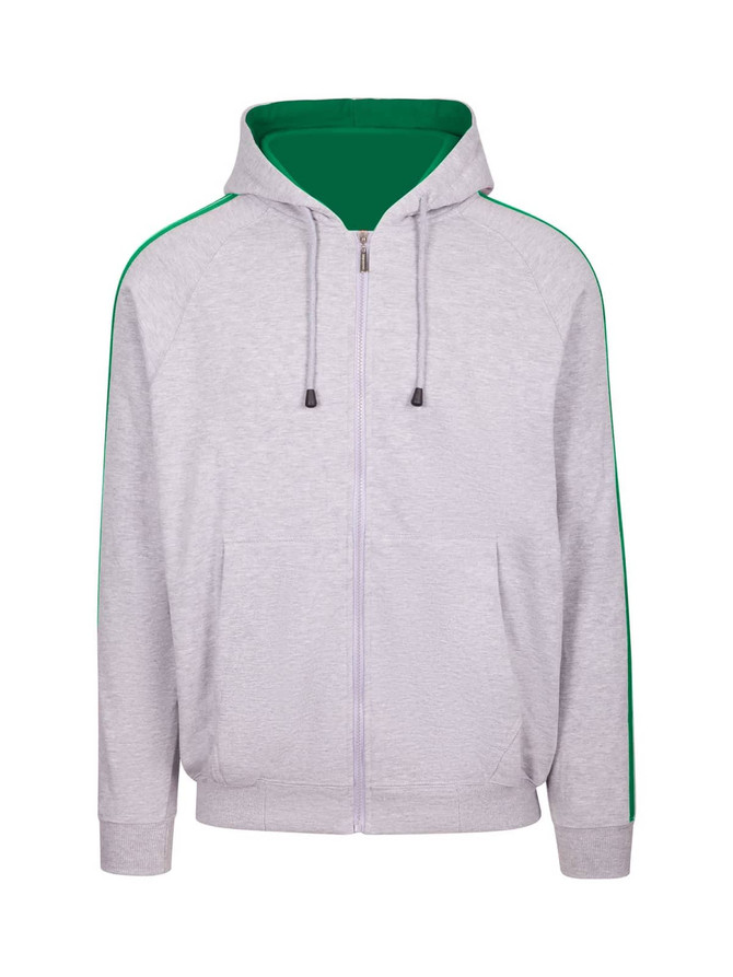 A grey hoodie with green stripe sleeves and a front zipper, featuring a hood and side pockets.