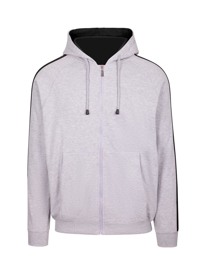 A grey men's hoodie with black stripe sleeves and a zip front, featuring a hood and pockets.