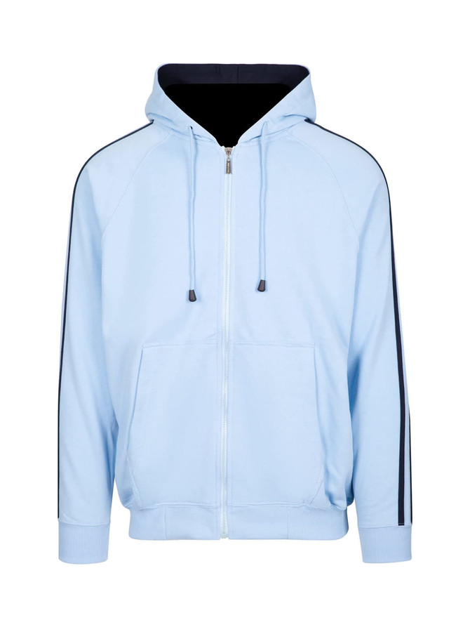 Light blue hoodie featuring black stripe detailing along the sleeves and a front zip. It has a pouch pocket and a hood.