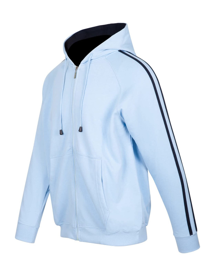 A light blue men's hoodie featuring black striped sleeves and a zip-up front. It has a hood and front pockets.