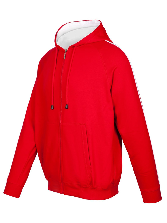 A red unbrushed hoodie featuring stripe sleeves and a front pocket, with a zipper and hood. It has a logo.