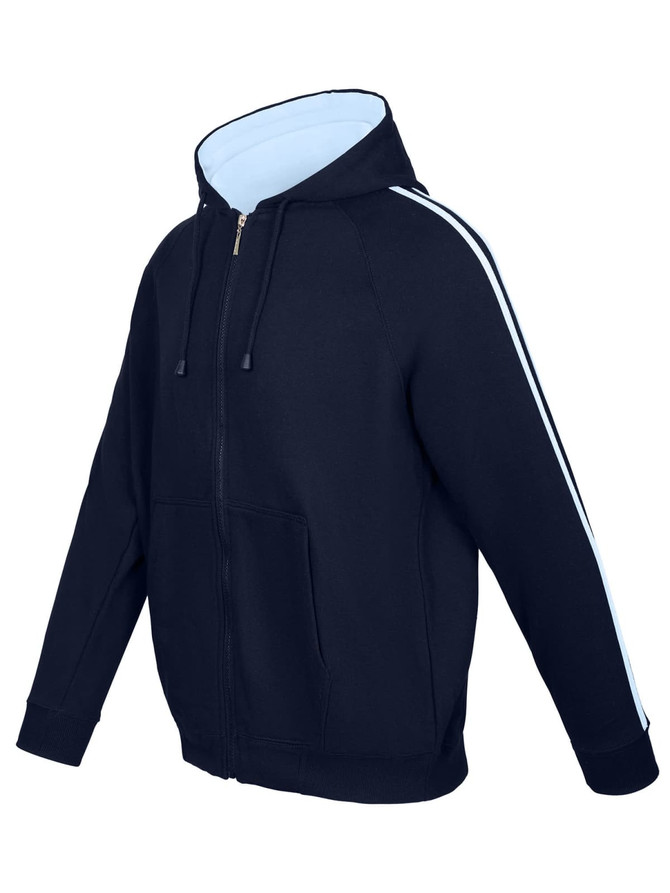 A navy blue hoodie featuring stripe sleeves, a front zipper, and a light blue interior. It has a logo on it.