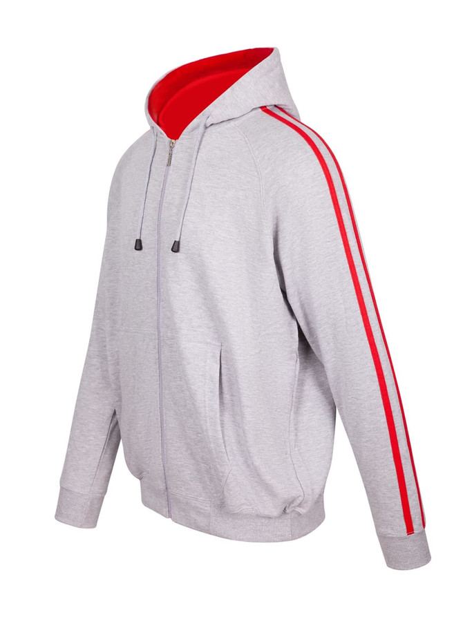 A grey hoodie with red stripe sleeves, featuring a front zipper and a hood. It includes side pockets and a logo.