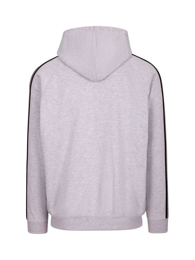 A grey hoodie with unbrushed material and black stripe details on the sleeves, featuring a hood.