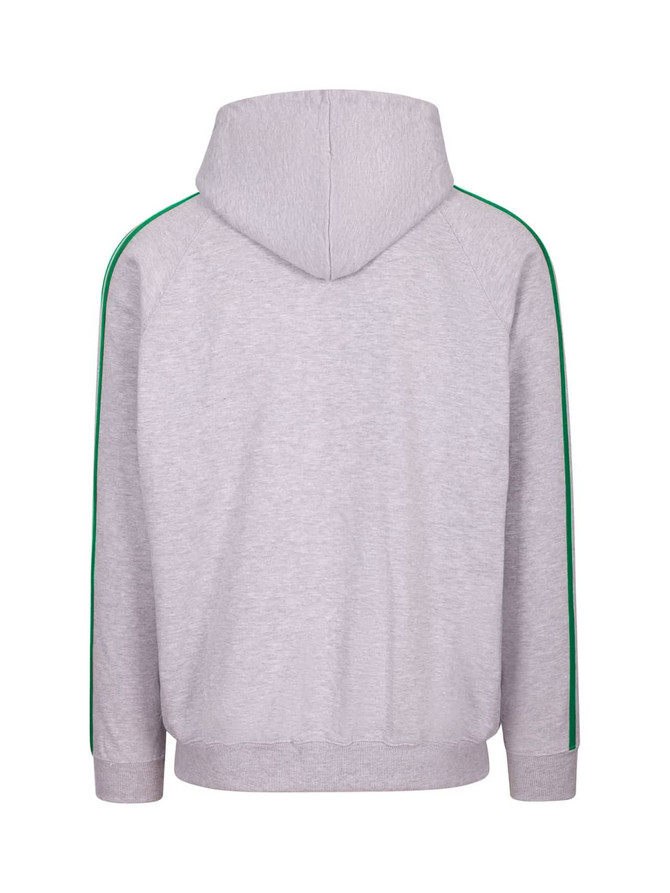 A light grey hoodie with green stripe detailing on the sleeves and a spacious hood, featuring a logo.