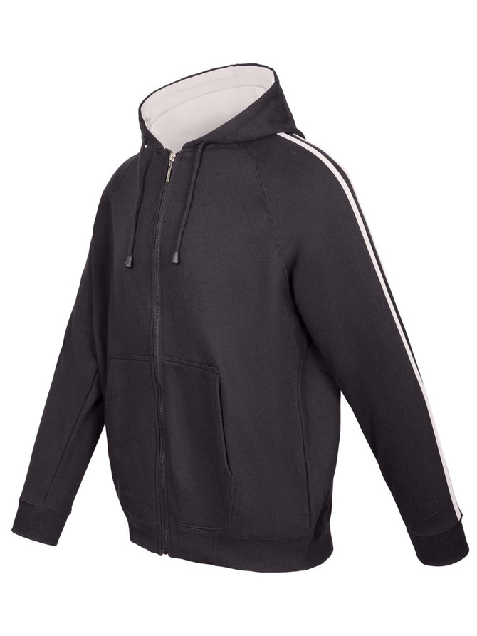 A black hoodie with contrasting stripe details on the sleeves and a zip-up front. Features a logo.