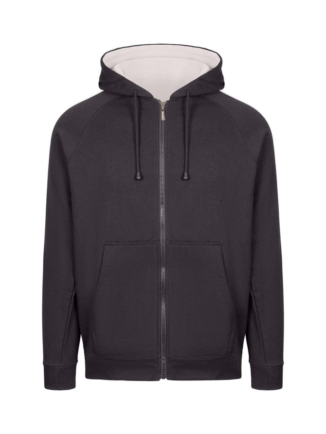 A black unbrushed hoodie with stripe sleeves, featuring a zip front and pockets. It has a logo on the front.