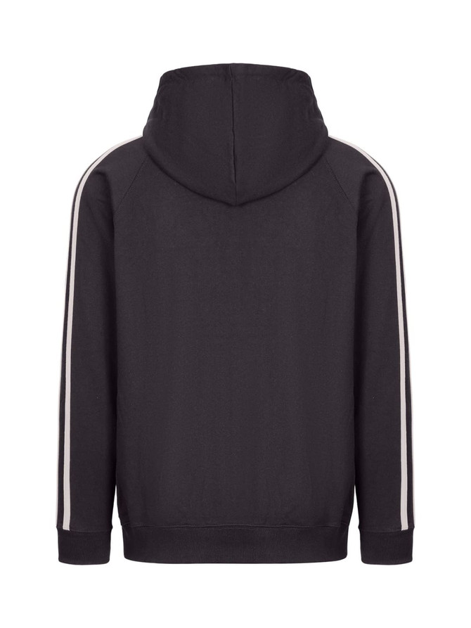 A black unbrushed hoodie featuring stripe sleeves, with a hood and a logo on the back.