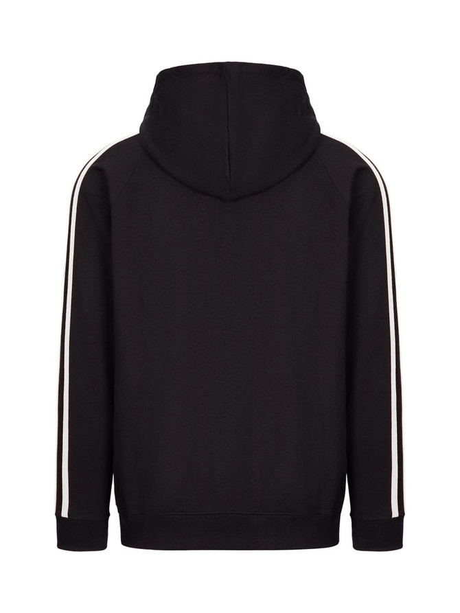 A black hoodie featuring striped sleeves and a hood, with a branding logo.