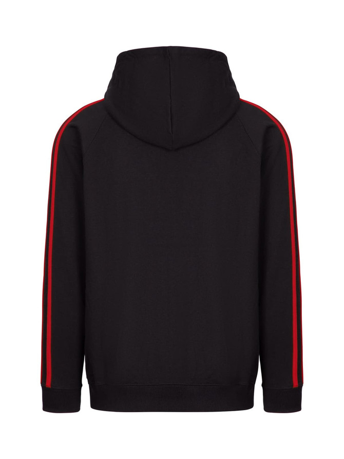 A black hoodie featuring red stripe detailing on the sleeves and a hood. Includes a branding logo.