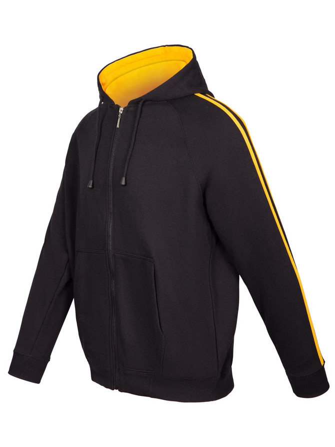 A black hoodie with yellow stripe details on the sleeves and a zip-up front. Features a hood and front pockets.