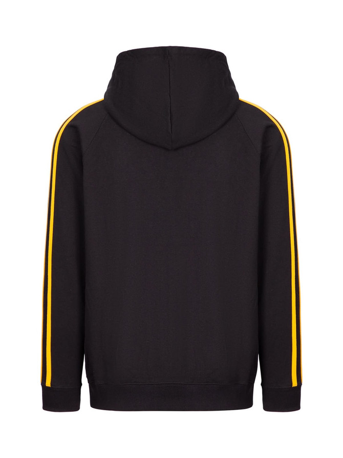 A black hoodie featuring yellow stripe detailing on the sleeves and a hood. Includes a logo on the back.