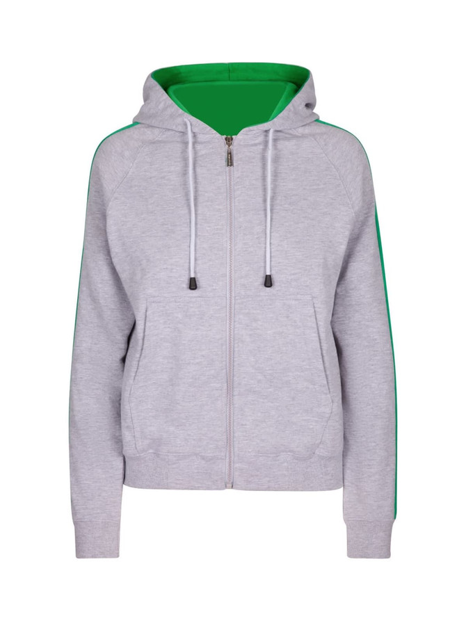 A light grey hoodie with green stripe sleeves and a green inner hood, featuring a zip and front pockets.