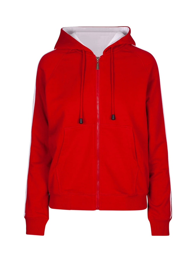 A red hoodie with stripe sleeves, featuring a zip front and two front pockets. It has a hood and a branding logo.