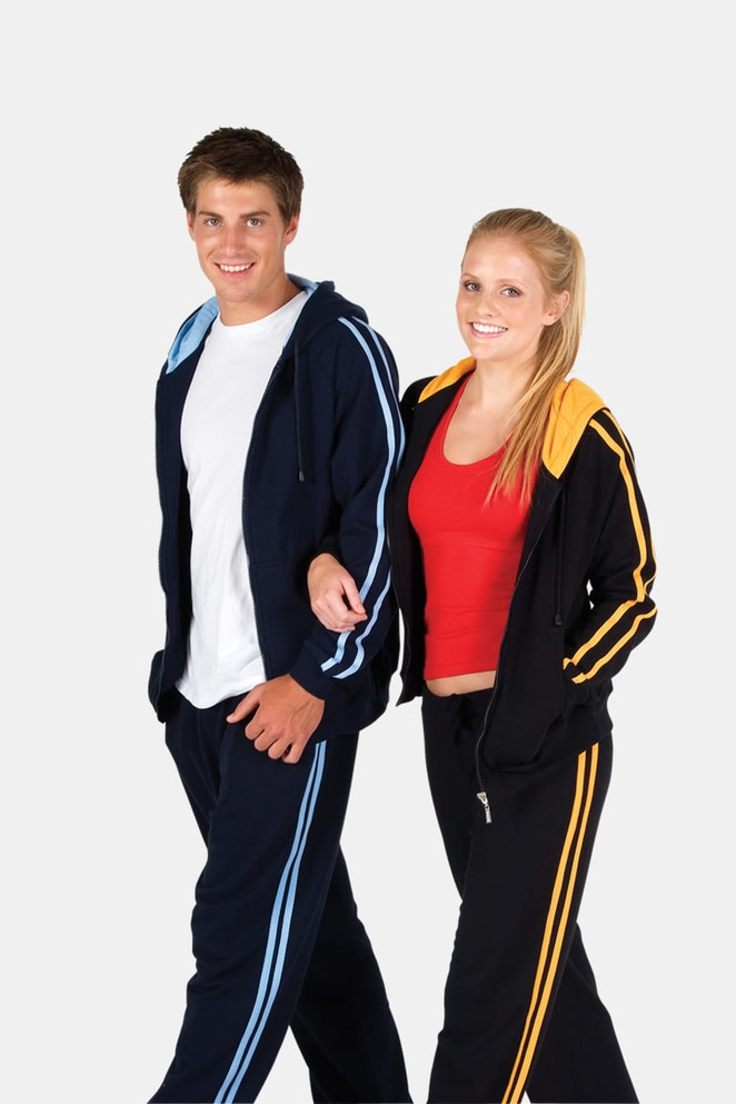 A navy hoodie with blue stripes and an orange hoodie with yellow stripes, worn by a man and a woman.