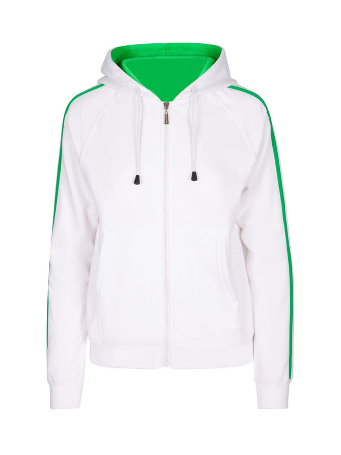 A white hoodie featuring green stripe sleeves and an inner lining, with a zip front and drawstring hood.