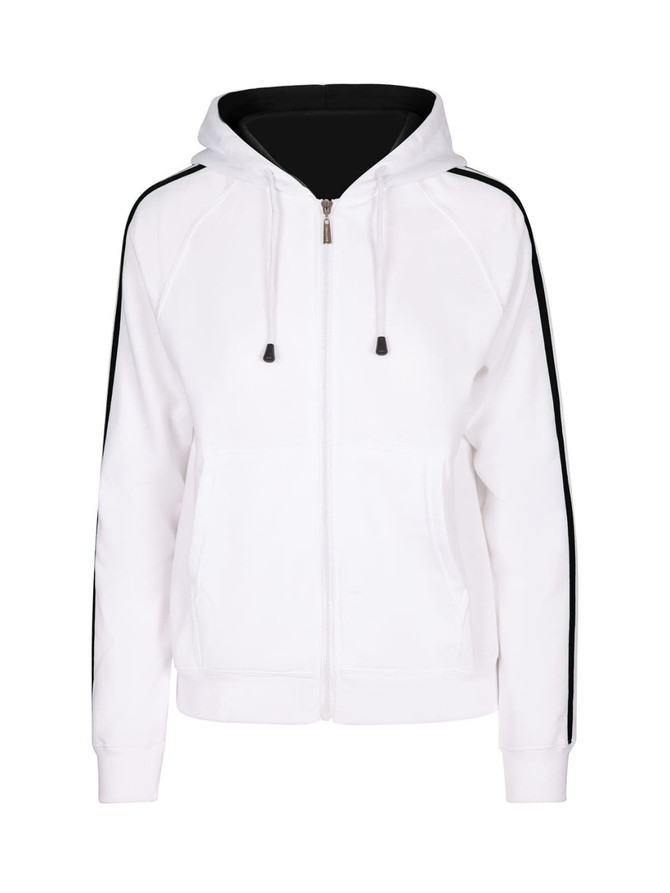 A white zip-up hoodie featuring black stripe sleeves and a hood. It has pockets and a branding logo.
