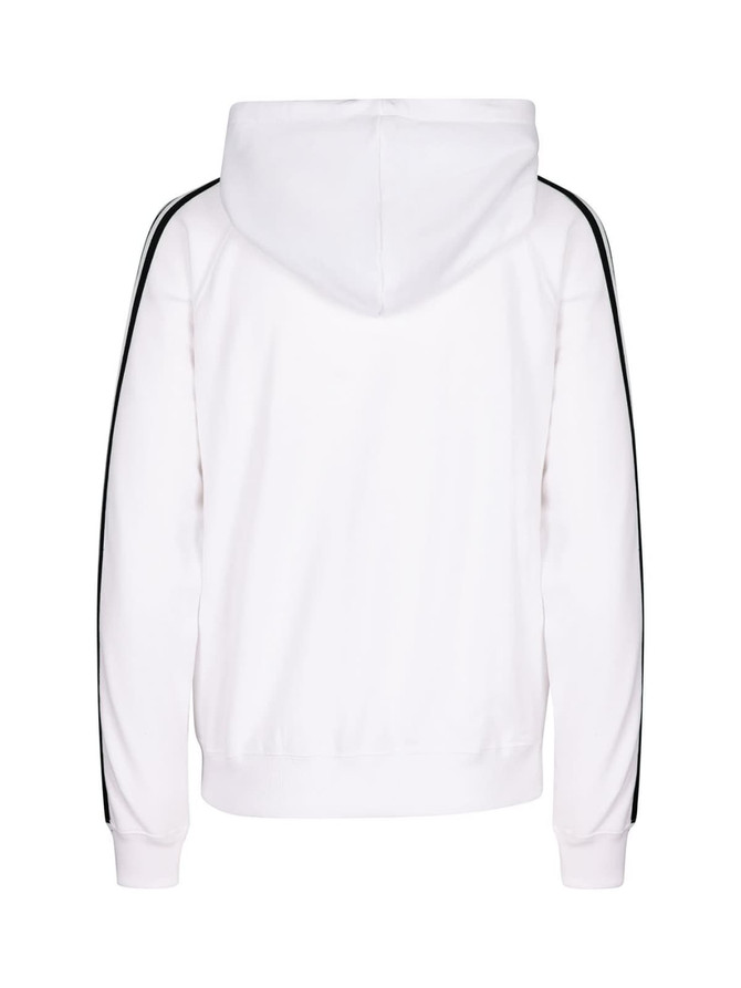 A white hoodie with black stripe sleeves and a hood, featuring a branded logo.